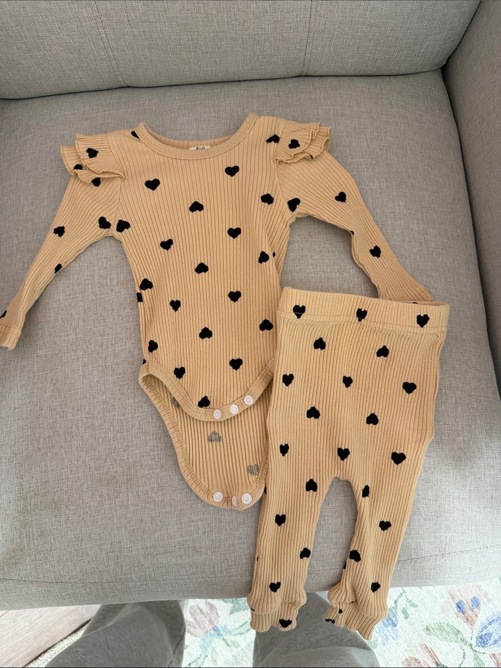 Kids Long-Sleeve One-Piece Set in Mustard with Black Hearts